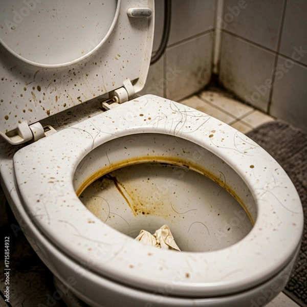 Fototapeta Urgent need for deep cleaning of a severely dirty and neglected toilet bowl showing grime and hair