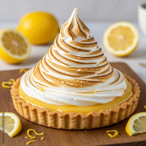 Fototapeta Indulge in a stunning, fluffy lemon meringue tart bursting with tangy citrus flavor and sweet, toasted topping