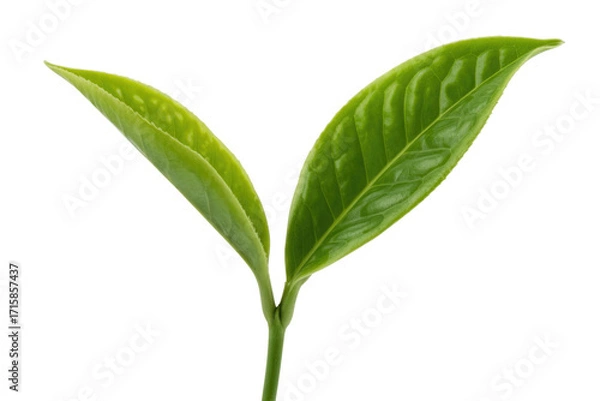 Obraz Close-up of two vibrant green tea leaves, freshly sprouted, isolated on a transparent background. background removed