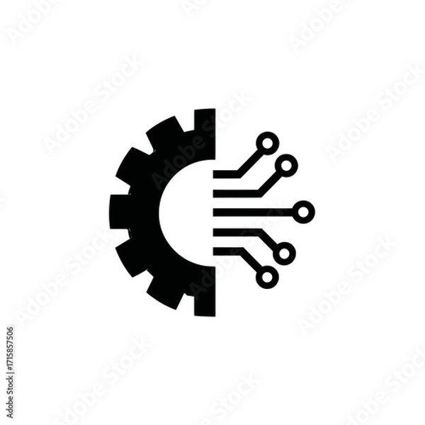 Fototapeta Illustration of a half gear and half circuit board in black and white creating a technology concept image