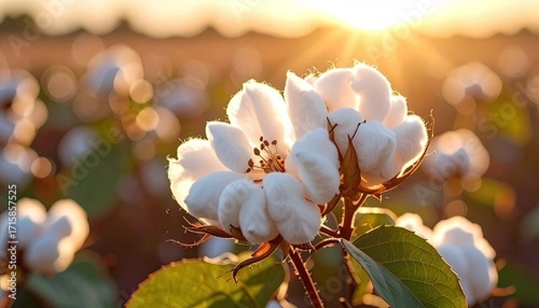 Obraz Glowing Cotton Flower Field with Warm Sun Rays in a Golden Hour Landscape Cinematic Still Life Photography