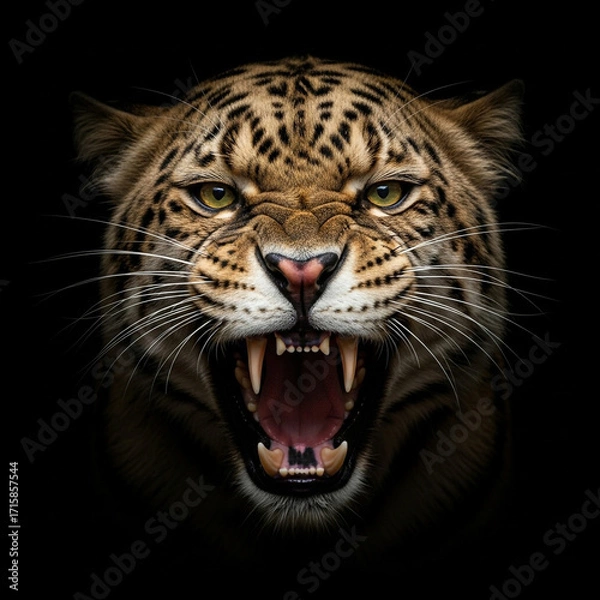 Fototapeta Fierce leopard roars with bared fangs, capturing primal power and untamed wildness
