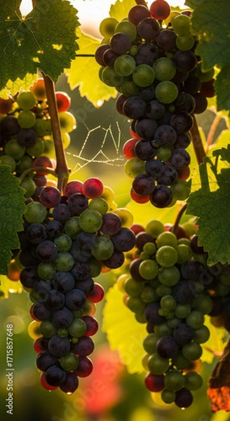 Fototapeta Luscious ripe grapes hang heavy on vines bathed in golden hour sunlight, hinting at harvest.