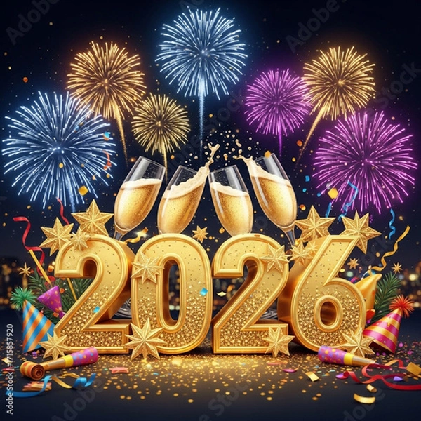 Fototapeta Cheers to 2026 with sparkling champagne and dazzling fireworks celebrating new beginnings