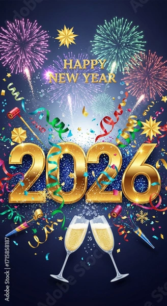Fototapeta Celebrate the New Year 2026 with dazzling fireworks, champagne toasts, and festive confetti!