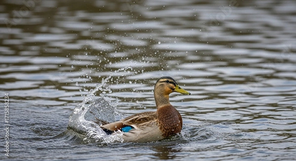Fototapeta Graceful duck splashes through calm water, creating dynamic ripples and a sense of natural wonder