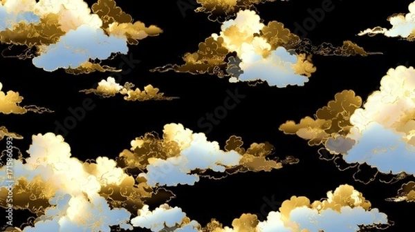 Fototapeta Ethereal clouds drift across a dark backdrop, rendered with delicate watercolor washes and intricate gold detailing, evoking a sense of dreamy tranquility and celestial beauty.