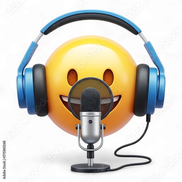 Fototapeta Emoji character with headphones and microphone isolated on transparent background is singing