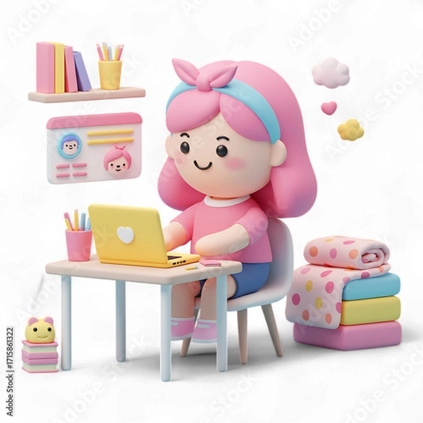 Fototapeta Cute girl character sitting at the table and working on laptop isolated on transparent background
