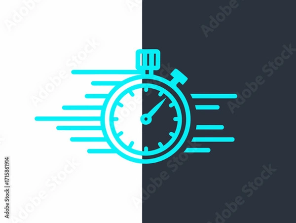 Fototapeta A stopwatch with motion lines indicating speed on a split white and dark gray background graphic design