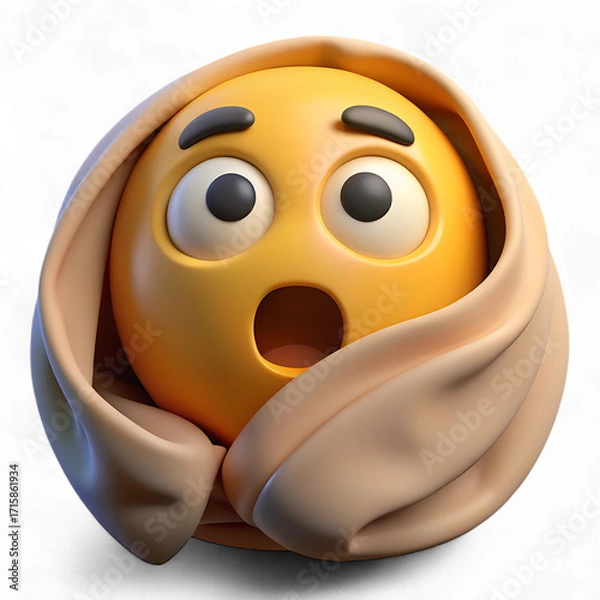 Fototapeta Surprised emoji wrapped in a blanket isolated on transparent background, expressing shock and fear