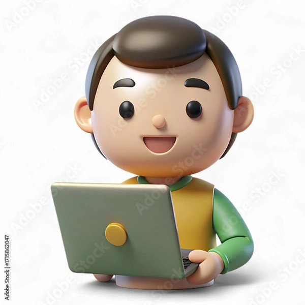Fototapeta Cartoon boy using laptop isolated on transparent background, a friendly character design