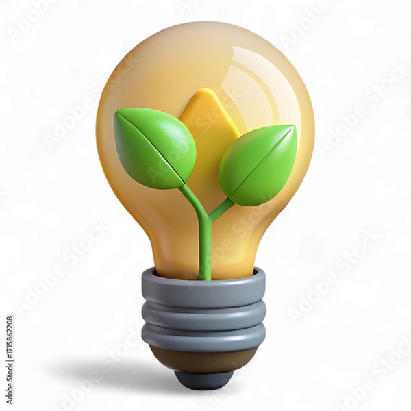 Fototapeta A light bulb with green leaves inside isolated on transparent background in 3d rendering