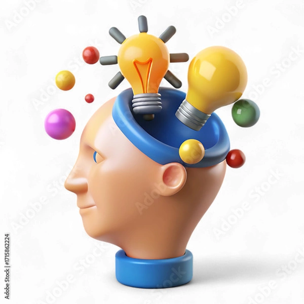 Fototapeta A head with light bulbs and colorful balls isolated on transparent background in 3d render