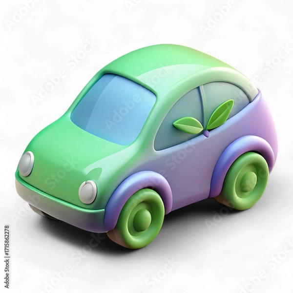 Fototapeta Cartoon electric car isolated on transparent background in 3d rendering, eco friendly vehicle