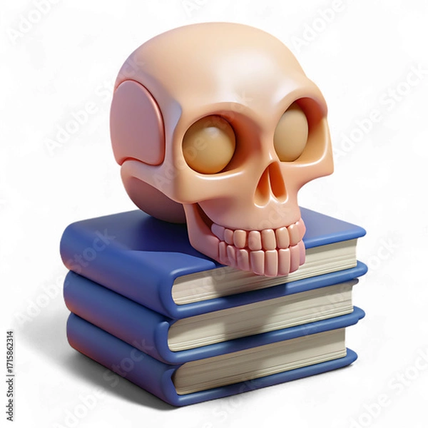 Fototapeta Cartoon skull on stack of books isolated on transparent background in 3d rendering