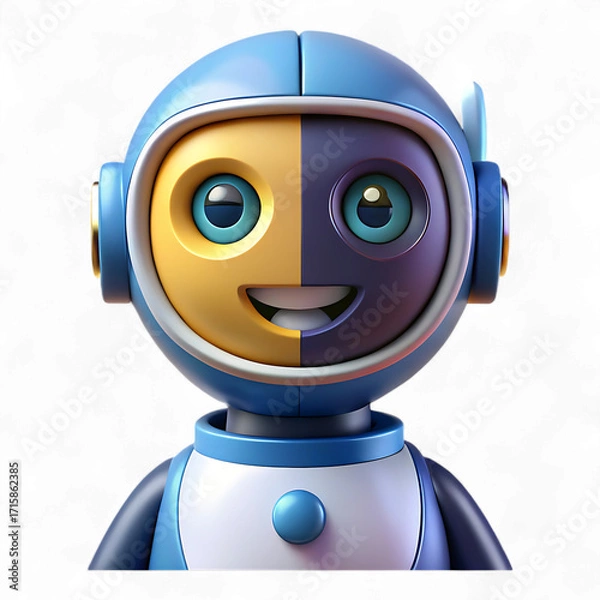 Fototapeta A charming robot with a dualtoned face, showcasing a blend of yellow and purple hues isolated on transparent background