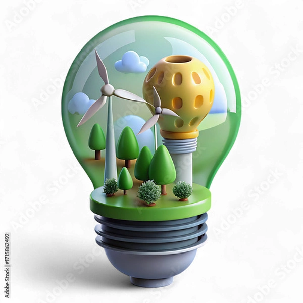 Fototapeta A lightbulb with a miniature green landscape inside, symbolizing renewable energy isolated on transparent background