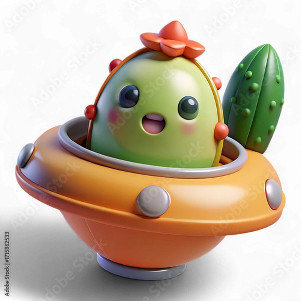 Fototapeta Stylized 3d render of a cactus in a spaceship, isolated on transparent background