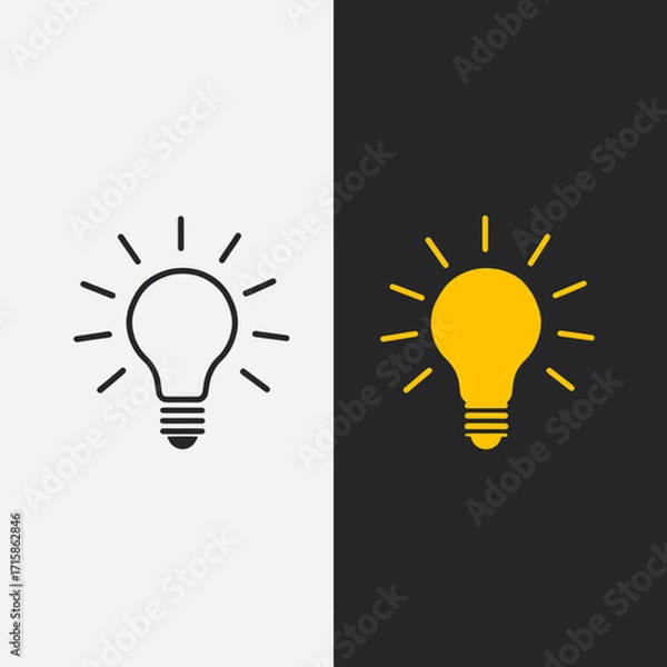 Fototapeta Two light bulbs one in black outline on white background and one in yellow on a black background design
