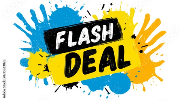 Fototapeta A vibrant flash deal advertisement with colorful paint splatters and bold lettering on a white background