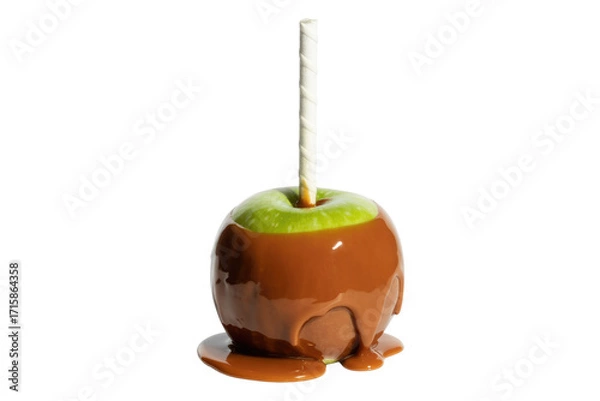 Obraz A green apple dipped in rich caramel, adorned with a white stick; a delightful autumn treat. background removed