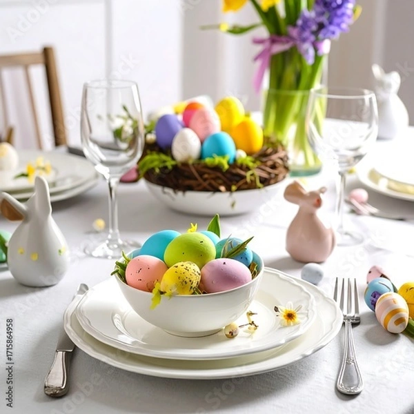 Obraz Festive Easter table setting with colorful eggs