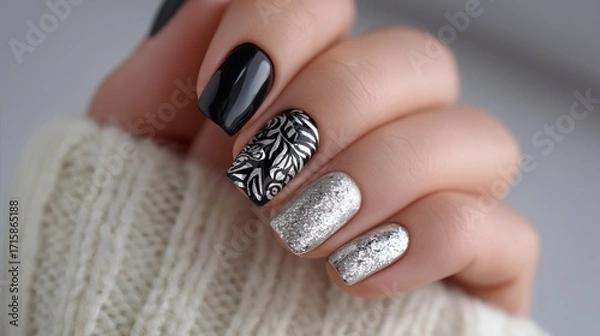 Fototapeta Minimalist scorpion nail art in black and silver, edgy yet sophisticated, plain white background