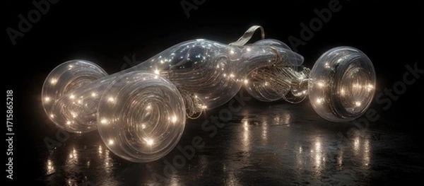 Fototapeta Translucent futuristic racer with glowing internal circuitry and spherical wheels, resting on a dark reflective surface