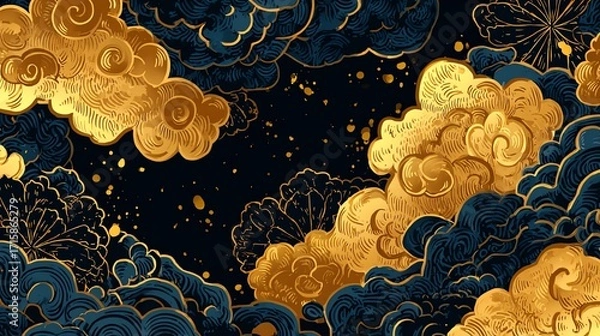 Fototapeta An ornate illustration depicts swirling golden clouds and deep teal waves against a stark black background, evoking a sense of dynamic energy and traditional artistry.