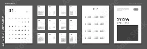 Fototapeta 2026 Calendar Planner Set of Template Monthly Pages, Cover with Place for Photo, Company Logo Annual 2027. Vector layout grid vertical of wall or desk organizer. Week start Monday. Page A4 ready print