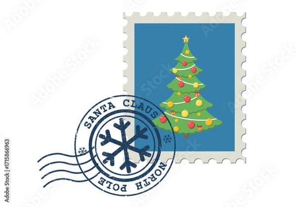 Obraz Postage stamp with a Christmas tree and a Santa Claus postmark. Merry Christmas post stamp from North Pole.