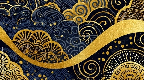 Fototapeta An opulent, swirling design evokes the power and beauty of the ocean, rendered in rich navy and shimmering gold, creating a luxurious and dynamic visual experience.