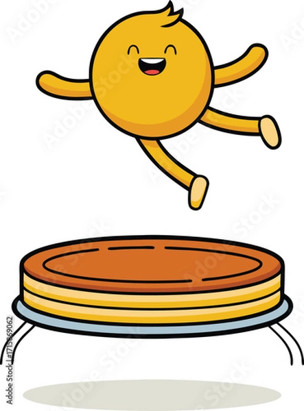 Fototapeta Happy Yellow Character Jumping on a Trampoline with a Smiling Face