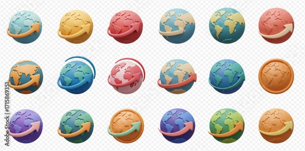 Fototapeta A collection of colorful globe icons with arrows encircling them, arranged on a transparent background.