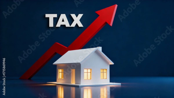 Fototapeta Rising housing cost and tax increase concept with red arrow and house model on blue background