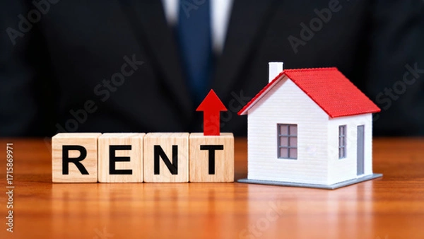Fototapeta Rising housing cost concept with rent blocks and red arrow showing increase in property price