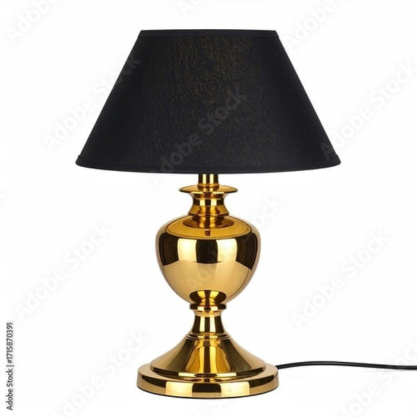 Fototapeta Gold-toned table lamp with a black, tapered shade; classic urn-shaped base