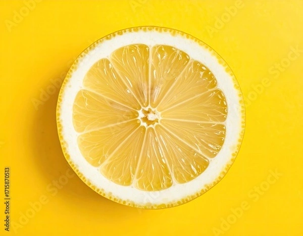 Fototapeta Overhead close-up of a lemon half, its juicy segments radiating from the center, set against a vibrant yellow background