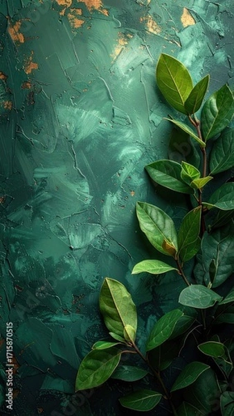 Fototapeta Lush green foliage rests on a textured, dark teal background with subtle gold accents