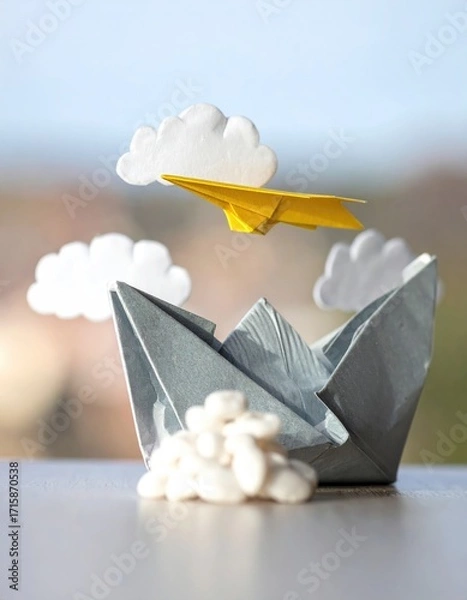 Fototapeta A grey origami boat rests on a surface, near white pebbles. A yellow paper airplane flies above it, accompanied by small white origami clouds