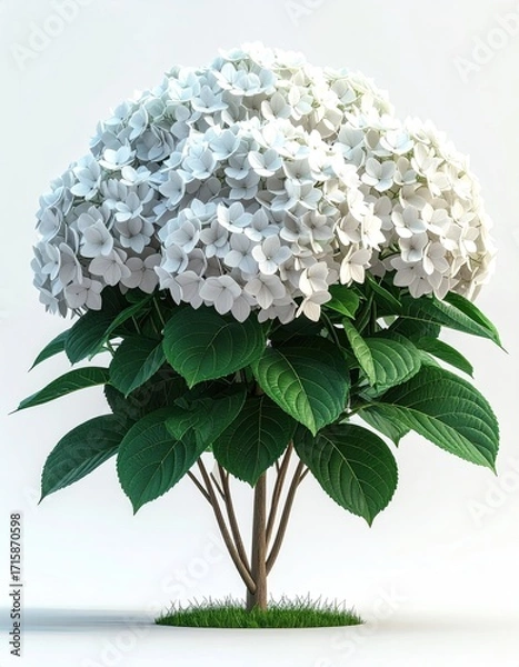 Fototapeta Lush, dome-shaped white hydrangea blooms atop a compact, leafy shrub; isolated on a white background