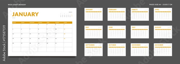 Fototapeta Set of 12 Pages Monthly Calendar Planner Templates on 2026 year. Vector mockup of a wall or desktop calendar organizer grid with the week starting on Monday ready print. Page for size A4 -21x29.7 cm