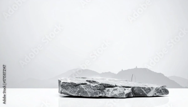 Fototapeta Flat marble slab with cracks on white surface, misty mountain background