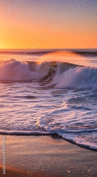 Fototapeta A breathtaking coastal scene at sunrise, featuring powerful waves crashing on a sandy beach, bathed in warm, golden hues.