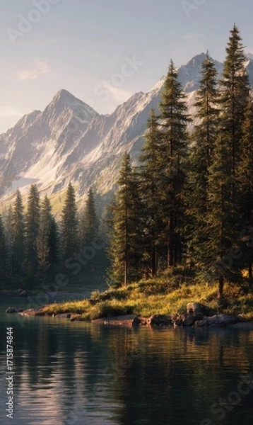 Obraz Serene alpine lake reflecting sunlit mountains, a cluster of evergreens on a grassy lakeshore.  Soft focus, warm tones dominate the tranquil scene