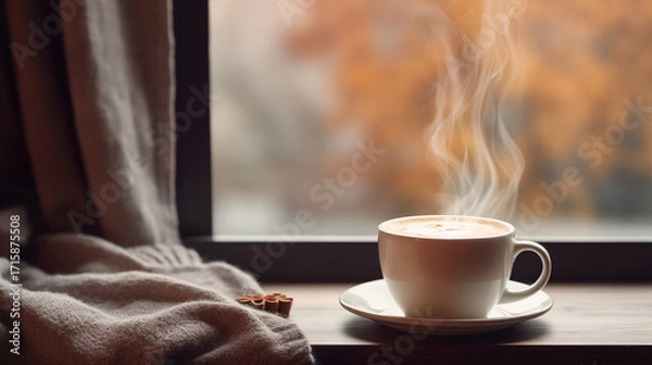 Fototapeta Tasse de café ou cappuccino. Boisson chaude, ambiance chaleureuse et relaxante, au bord d'une fenêtre, lumière automnale et hivernale.  Arrière-plan pour conception et création graphique.