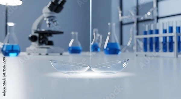Fototapeta Clear contact lenses are meticulously crafted in a modern laboratory setting, highlighted by various scientific equipment and blue liquids.