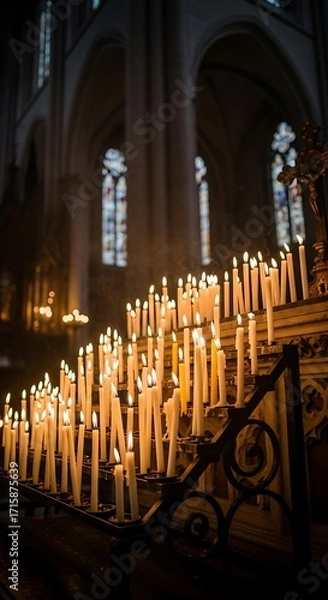 Fototapeta Many lit candles glow warmly on a tiered stand within a dark church.