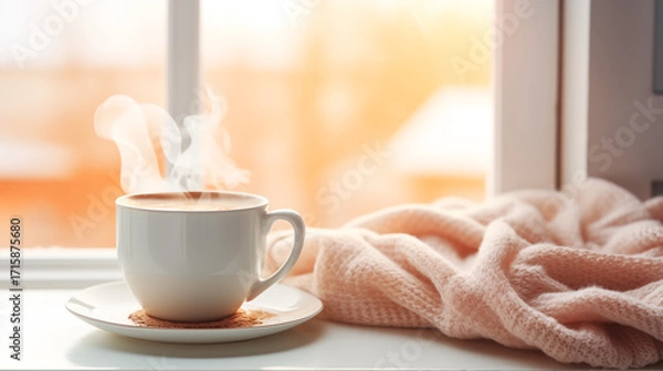 Fototapeta Tasse de café ou cappuccino. Boisson chaude, ambiance chaleureuse et relaxante, au bord d'une fenêtre, lumière automnale et hivernale.  Arrière-plan pour conception et création graphique.